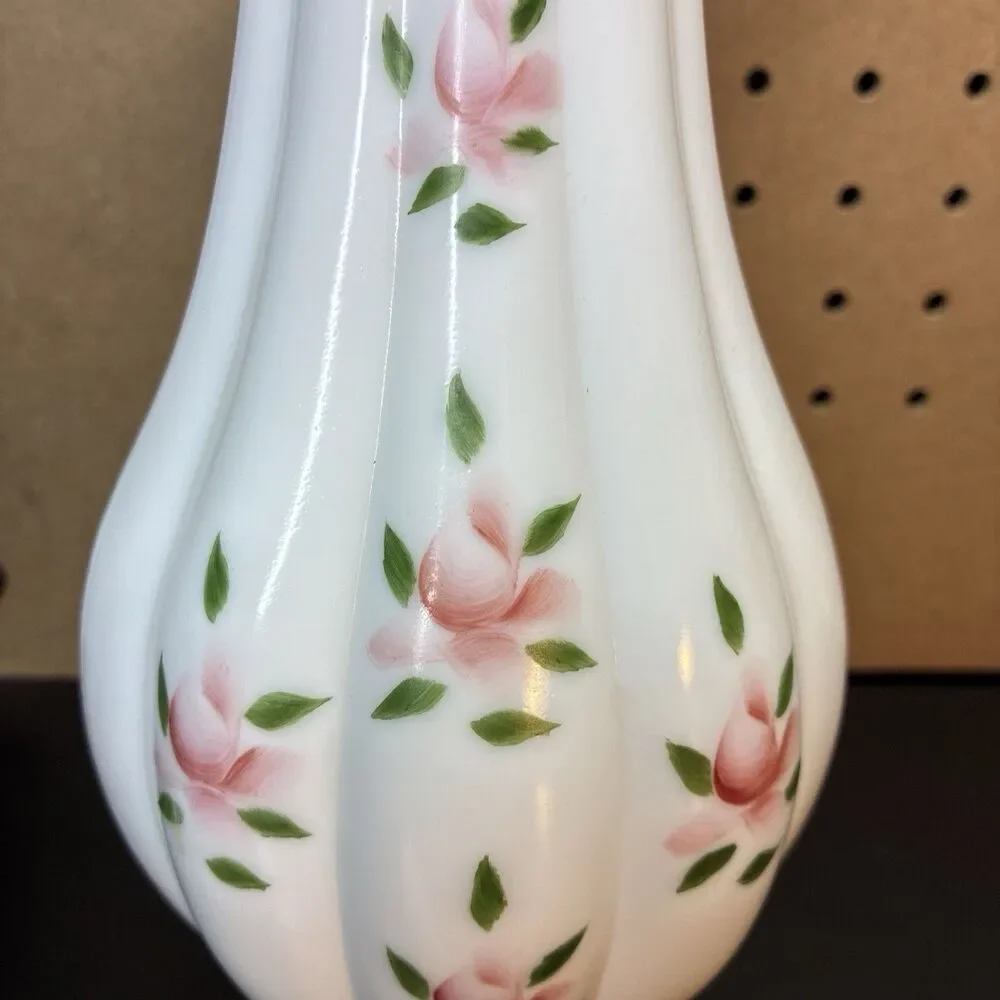 Vintage Lamp Chimney Milk Glass Melon Ribbed Hand Painted Shade 9.5” Tall